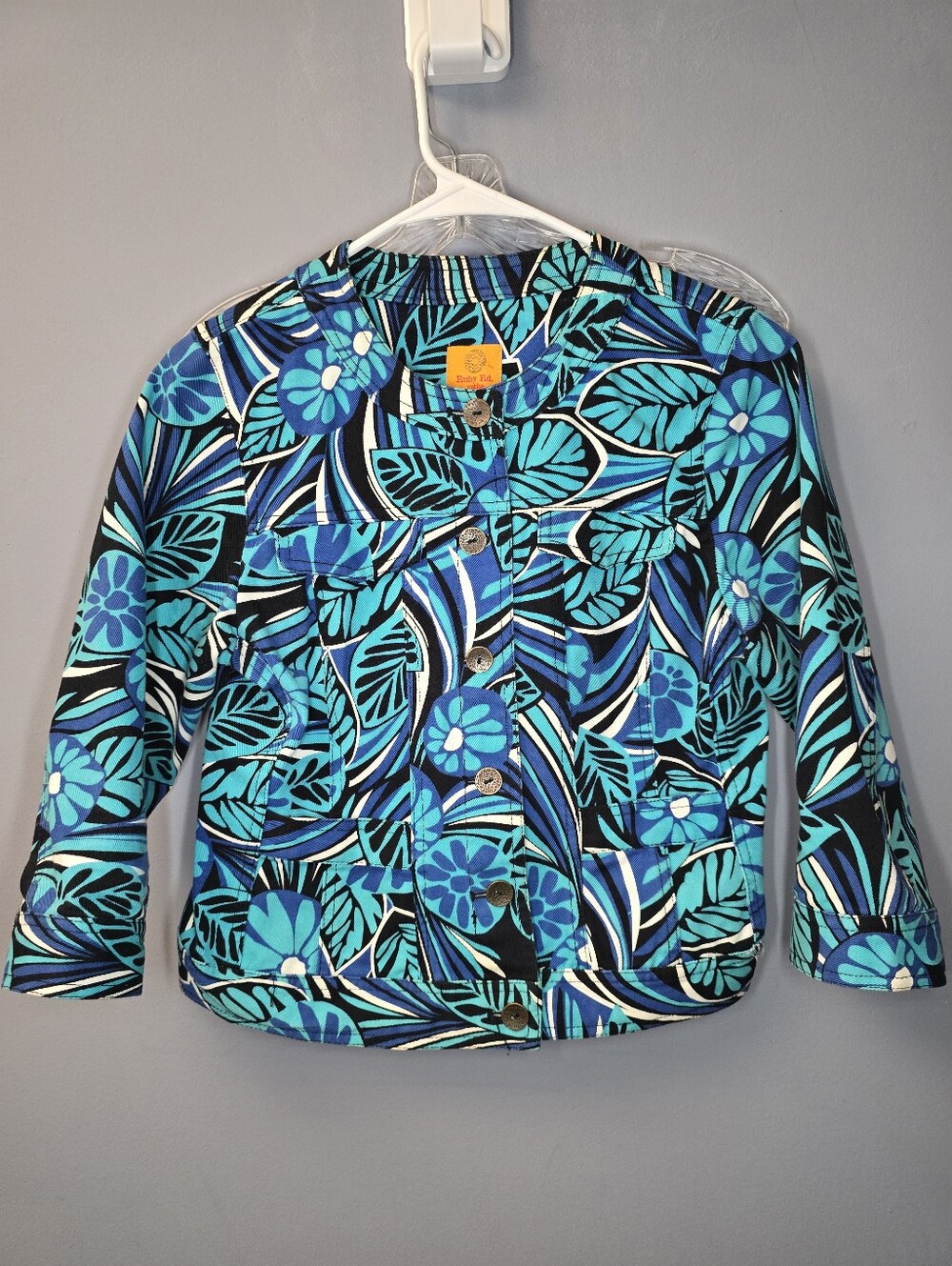 Ruby Rd. Abstract Floral Denim Jacket-Womens 8P/Petite 8/Medium-Blue/Black-